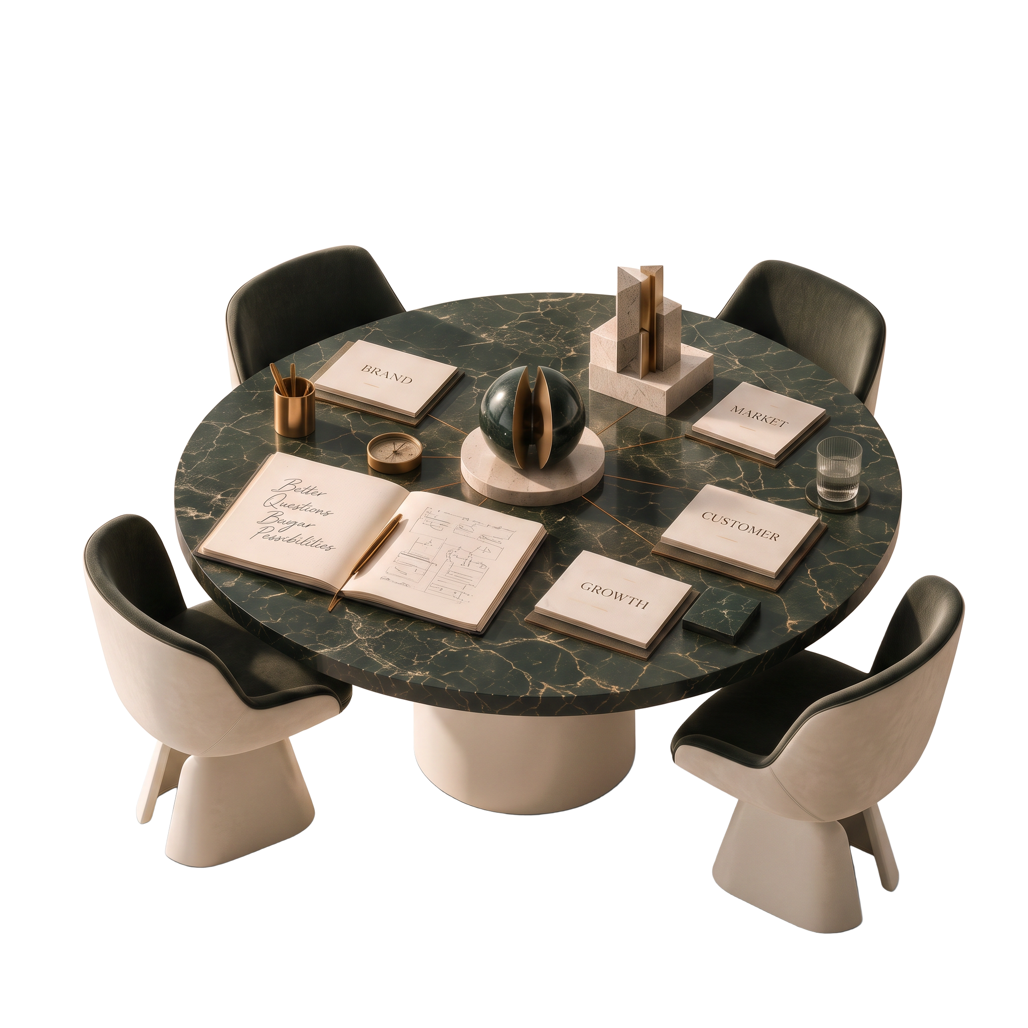 Round forest-green marble strategy table with four sculptural chairs and advisory tools
