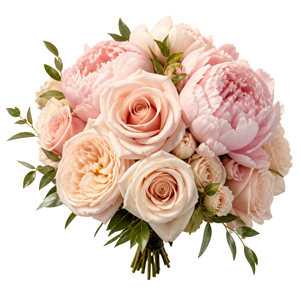 A cut-out bouquet of blush roses and peonies in soft gold light